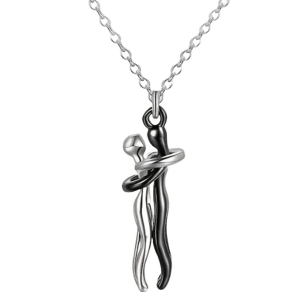 Stainless Steel Hugging Couple Pendant Necklace - Black Male & Silver Female